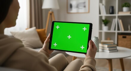 Close-up over-the-shoulder shot of a woman holding a digital tablet with a vivid green screen (chroma key). She is sitting on a sofa in a cozy modern living room, wearing a beige hoodie. The backgroun