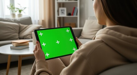 Close-up over-the-shoulder shot of a woman holding a digital tablet with a vivid green screen (chroma key). She is sitting on a sofa in a cozy modern living room, wearing a beige hoodie. The backgroun