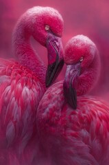 Fototapeta premium Flamingo's Tender Embrace: A close-up shot that captures the beauty of two pink flamingos, their heads touching as they connect through love and bonding.