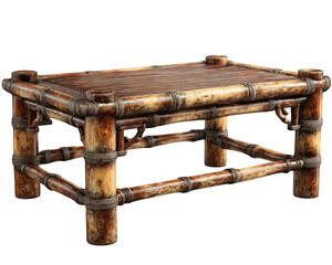 Bamboo table with slatted surface, rustic style, natural wood color, sturdy construction, isolated on transparency background, eco friendly furniture