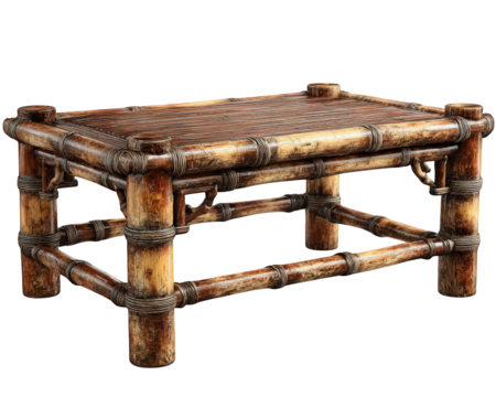 Bamboo table with slatted surface, rustic style, natural wood color, sturdy construction, isolated on transparency background, eco friendly furniture