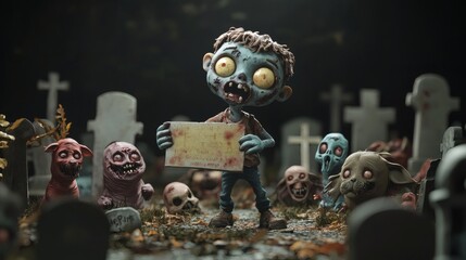 A cartoon zombie child holds a sign surrounded by grotesque creatures