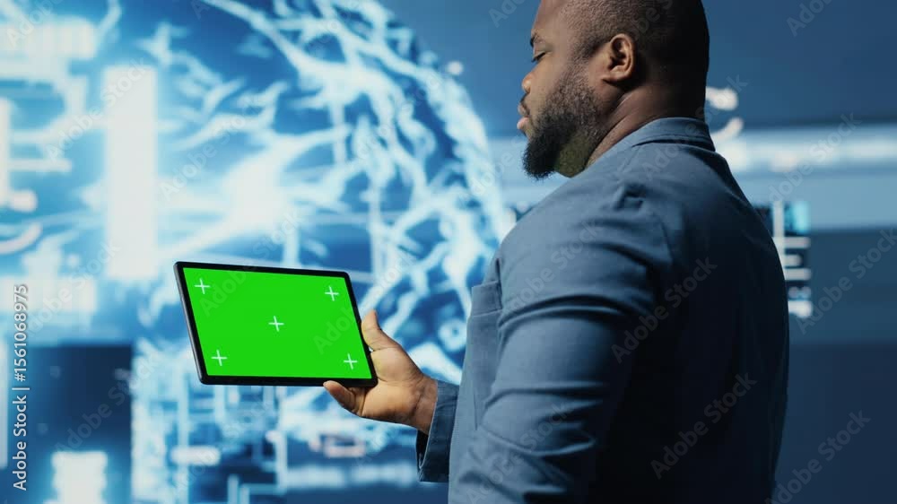 Poster modern black person in digital space uses isolated display with ai tools, representing artificial in