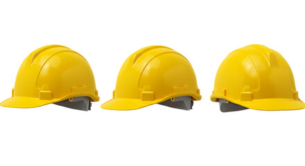 Three yellow hard hats safety helmets isolated on white background