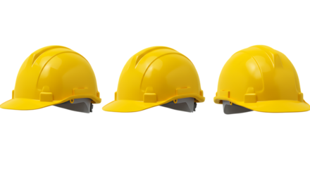 Three yellow hard hats safety helmets isolated on white background