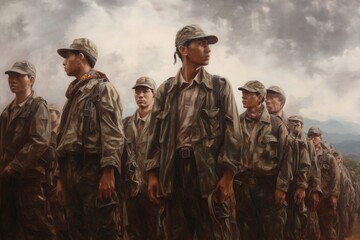 Fototapeta premium Determined Soldiers: A powerful depiction of a group of soldiers in formation, exuding a sense of purpose and discipline. The scene captures the spirit of valor and unwavering commitment to duty.