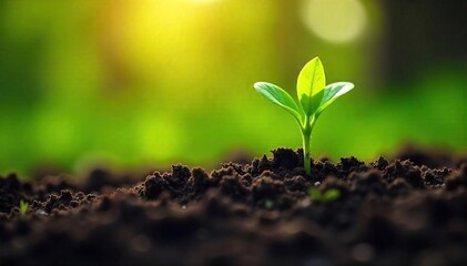Obraz premium Spring Renewal Vibrant Green Shoots Emerging from Rich Earth in Sunlight