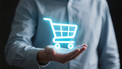 Glowing Shopping Cart Icon in Hand: E-commerce, Online Shopping, Digital Retail, Business Technology, Futuristic Concept