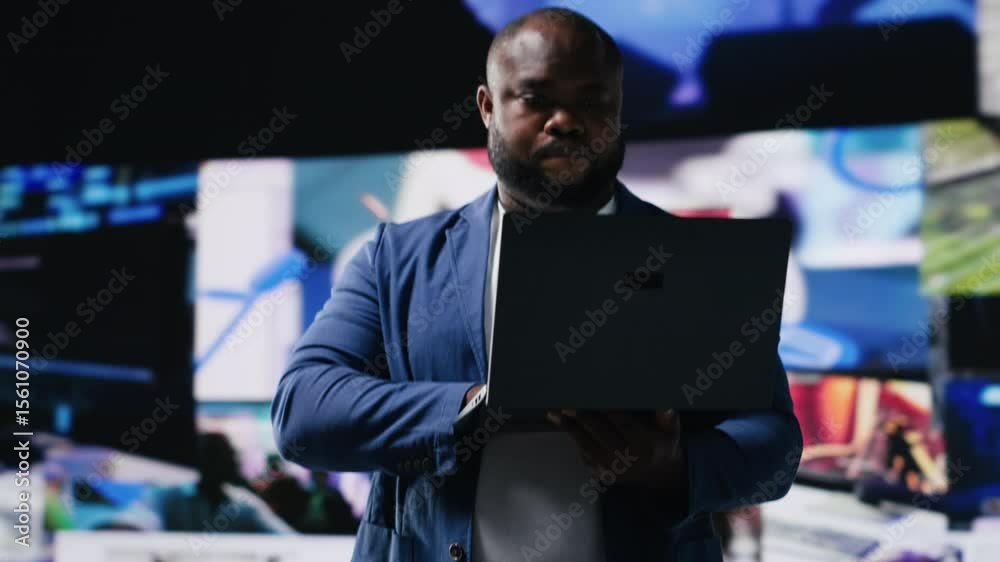 Poster high tech black user connecting on web platforms with vibrant digital interfaces and data visualizat