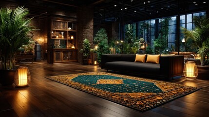 Fototapeta premium Dark, lush interior with a rug