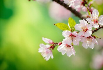 Obraz premium Delicate Pink Cherry Blossoms Bloom on a Branch with a Soft Green Background