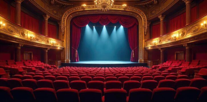 A grand, ornate theatre interior, stage lights illuminating empty velvet seats Ready for the next performance, the atmosphere is full of anticipation and potential , footlights, architecture