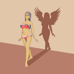 Illustration of a beautiful fashion model posing in a stylish swimsuit. Young attractive woman in bikini and her fantasy shadow as woman angel with huge bird wings.