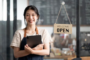 Startup successful small business owner sme beauty girl stand with arms crossed in coffee shop restaurant.