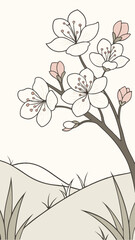 Obraz premium Delicate branch of cherry blossoms with soft colors and grassy field illustration