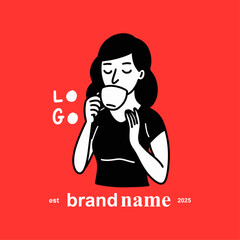 Girl drinking coffee. Hand drawn style vector design illustrations. Logo