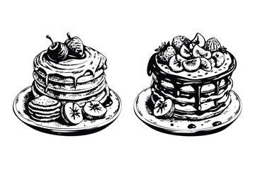 Pancakes Vector Engraving Set. Detailed Monochrome Illustrations of Breakfast Food. Vintage Stipple & Hatching Style