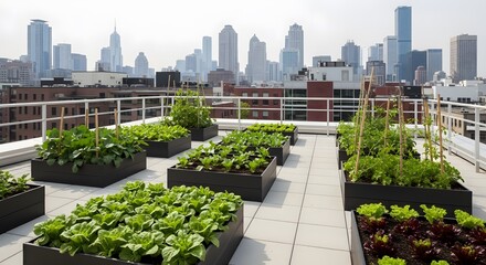 Fototapeta premium A rooftop garden flourishes with various green and red leafy plants set against a backdrop of a modern city skyline under a bright day. Black planters contrast the light rooftop