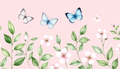 Fototapeta premium Seamless vector pattern of colorful flying butterflies and pink flowers, ideal for a spring or summer nature-themed design
