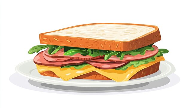 A sliced sandwich, filled with meat and cheese, rests on a plate. Fresh greens add color
