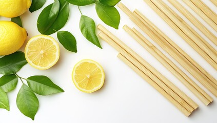 Fresh lemons and bamboo straws on white background