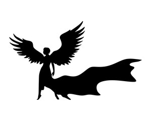 Fantasy woman angel with huge bird wings. Lady goddess in dress, fabric waving fluttering in motion