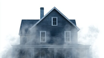 Haunted House Silhouette with Mist and Howling Wind at Night
