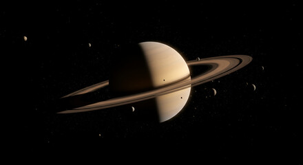 A captivating view of Saturn with its rings and moons against a starfield