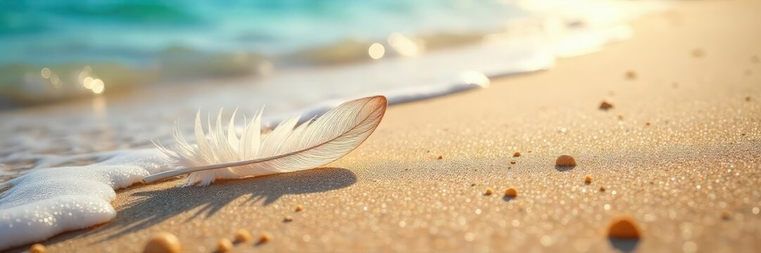Sun-kissed beach, delicate white feathers scattered across the warm sand, gentle waves lapping the shore A tranquil scene of nature's beauty , escape, peace