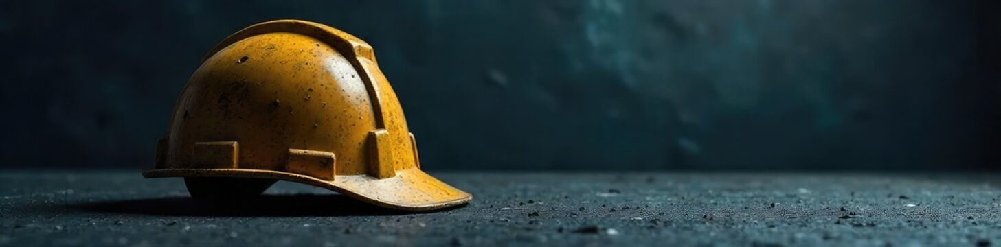 A lone miner's helmet rests on a dark, textured background, illuminated by a single, dramatic light source, emphasizing the hard hat's rugged texture and metallic gleam , mining, dark