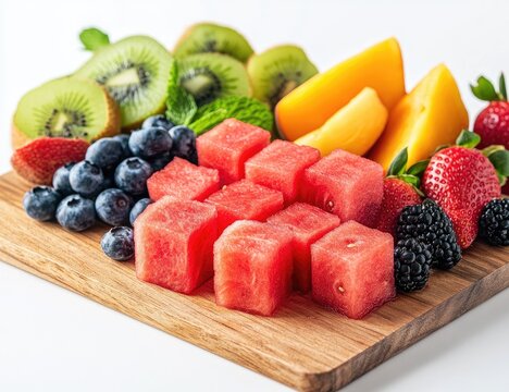 Colorful fruit platter on a wooden board.  Slices of kiwi, peach, strawberries, blueberries, and watermelon cubes arranged on a light brown wooden cutting board. 