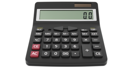Black calculator with display showing zero isolated on white background