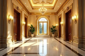 Fototapeta premium Luxurious gold foyer with ornate details, gleaming marble floors, and elegant lighting fixtures create a grand and welcoming entrance , classic, prestigious, gold
