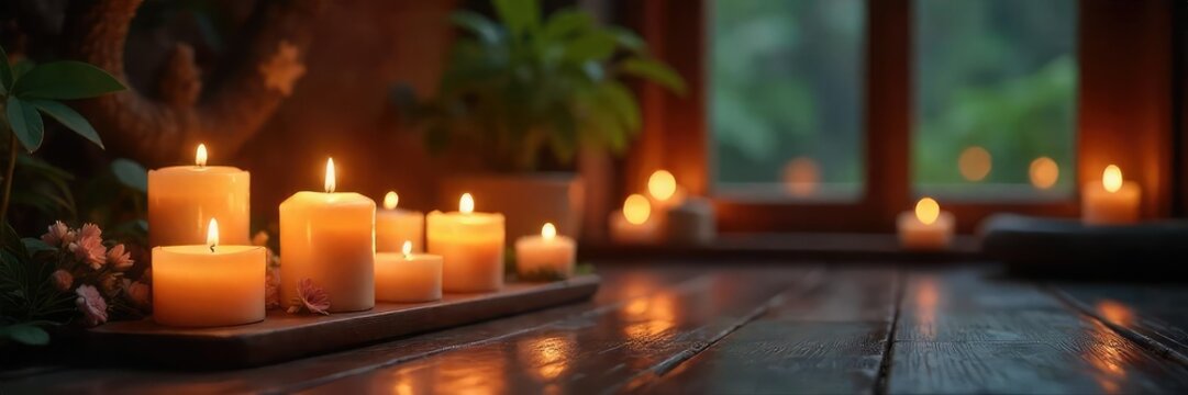 A serene scene of candles illuminating a tranquil space during a spiritual evening  Perfect for meditation, yoga, relaxation, and mindfulness themes ,  hope,  contemplation,  self-discovery
