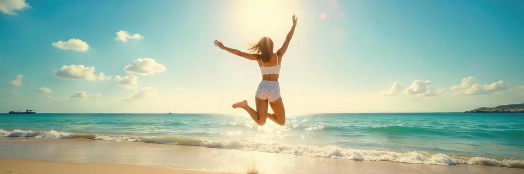 Joyful summer leap, carefree attitude, bright sunlit day, a feeling of freedom and boundless energy Perfect for travel, vacation, and happiness themes , travel, energy