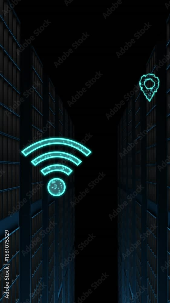 Poster animation of cloud and wifi icons, data processing over computer servers