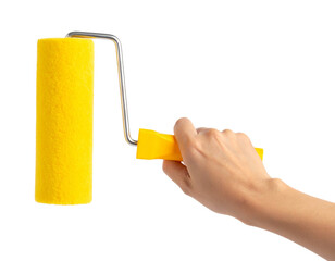 Obraz premium Hand painting using a yellow roller brush isolated on a transparent or white background