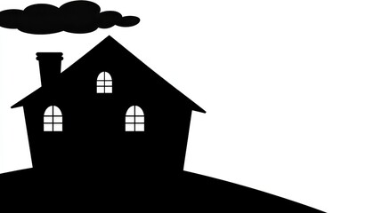 Isolated Spooky Haunted House Silhouette Against Ominous Clouds