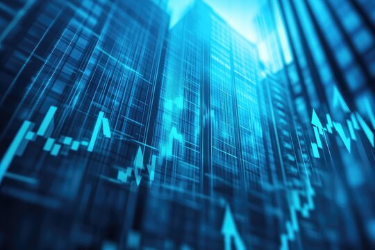 Urban cityscape with financial graphs overlaid.  Modern buildings and upward trending charts fill the image.  Perspective is from ground level looking upward