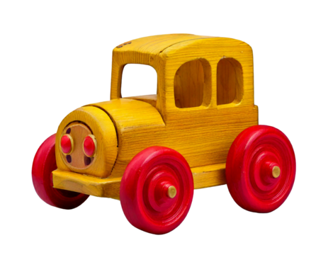 Yellow wooden toy car with red wheels Isolated on Transparent or White Background
