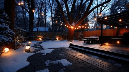 Winter evening patio with string lights (1)