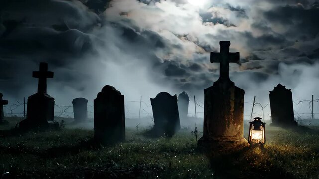 Spooky Graveyard Scene on a Foggy Night