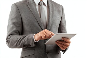 Elegant businessman uses tablet device for business applications on white background