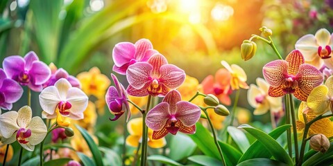 Exotic orchid flowers blooming in a lush green garden