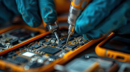 Skilled technician repairing smartphone with precision tools on clean workspace, close-up of intricate components and delicate electronic parts. Technology maintenance and device repair concept.

