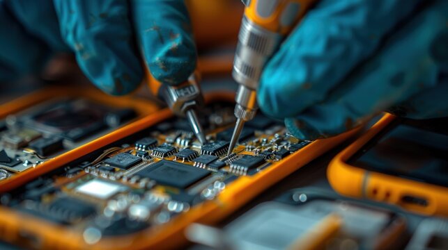 Skilled technician repairing smartphone with precision tools on clean workspace, close-up of intricate components and delicate electronic parts. Technology maintenance and device repair concept.
