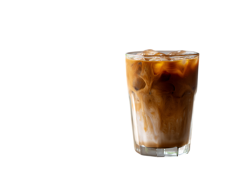 A cup of cold coffee with milk and ice cubes, an iced latte in a glass cup.
