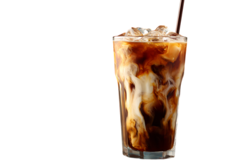 A cup of cold coffee with milk and ice cubes, an iced latte in a glass cup.