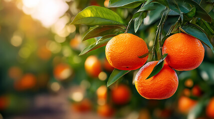 Fresh Oranges Hanging on a Tree in a Lush Orchard during Sunny Day, Ripe Citrus Fruits with Bright Green Leaves, Vibrant Natural Background