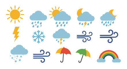 Obraz premium Illustration showing various weather conditions including sun, clouds, rain, wind and more